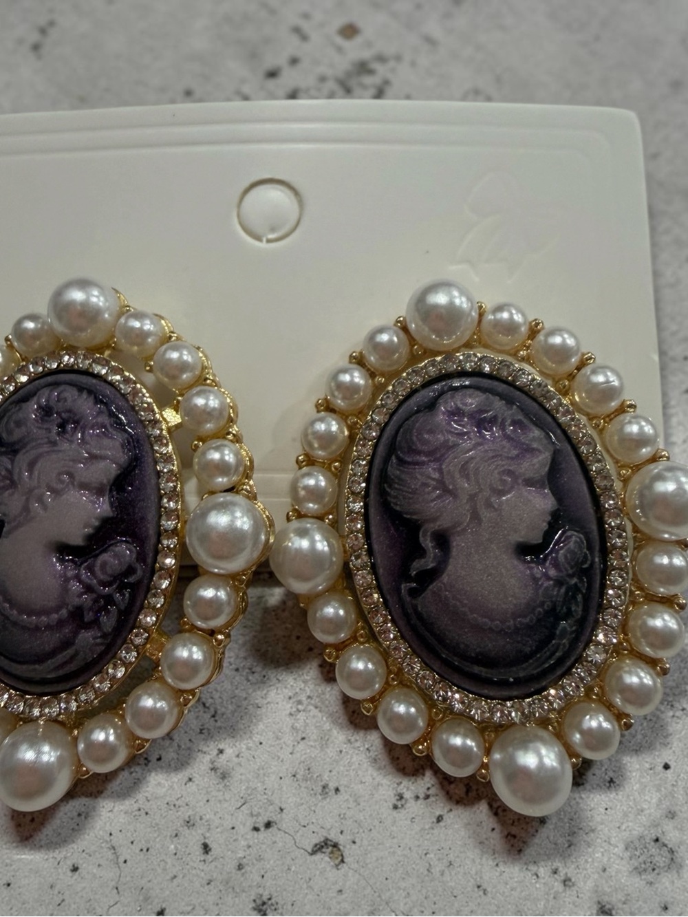 Vintage-Inspired Purple Cameo Pearl Statement Earrings